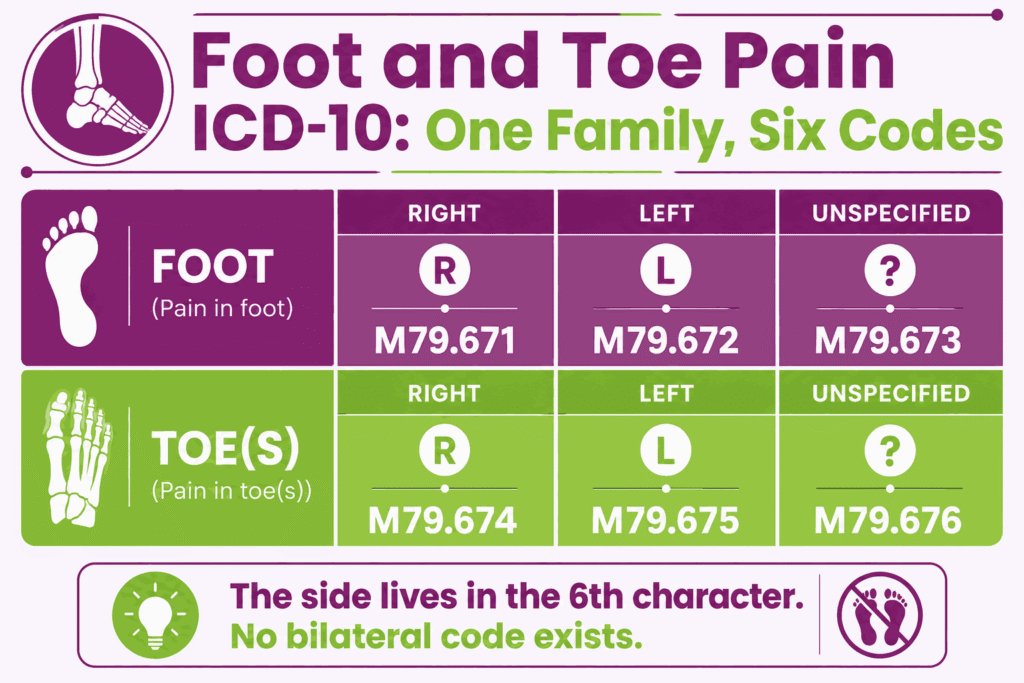 Foot and toe pain ICD-10 codes M79.671 to M79.676 organized by site and laterality