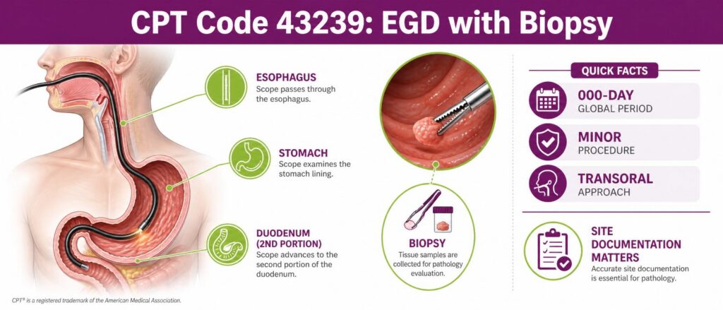 43239 describes a diagnostic upper endoscopy where the physician removes tissue for pathology
