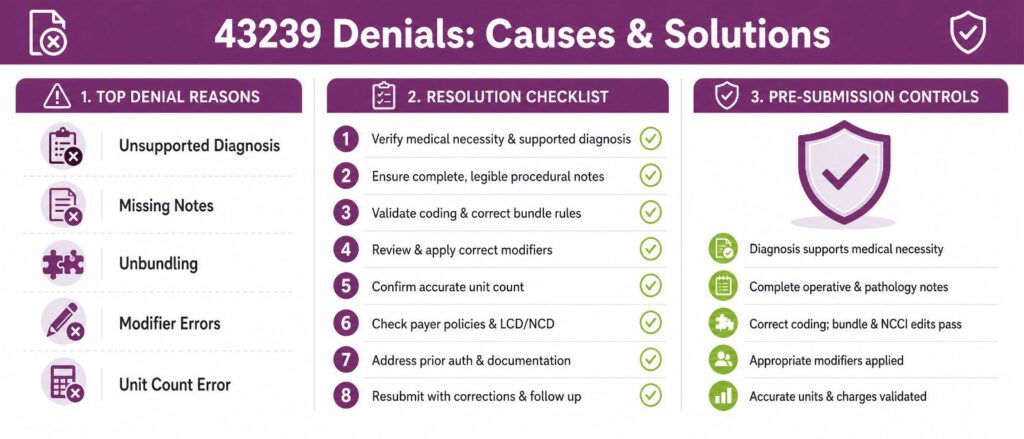43239 denials causes & solutions reasons, checklist & controls