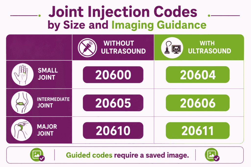 Joint injection codes by size and guidance
