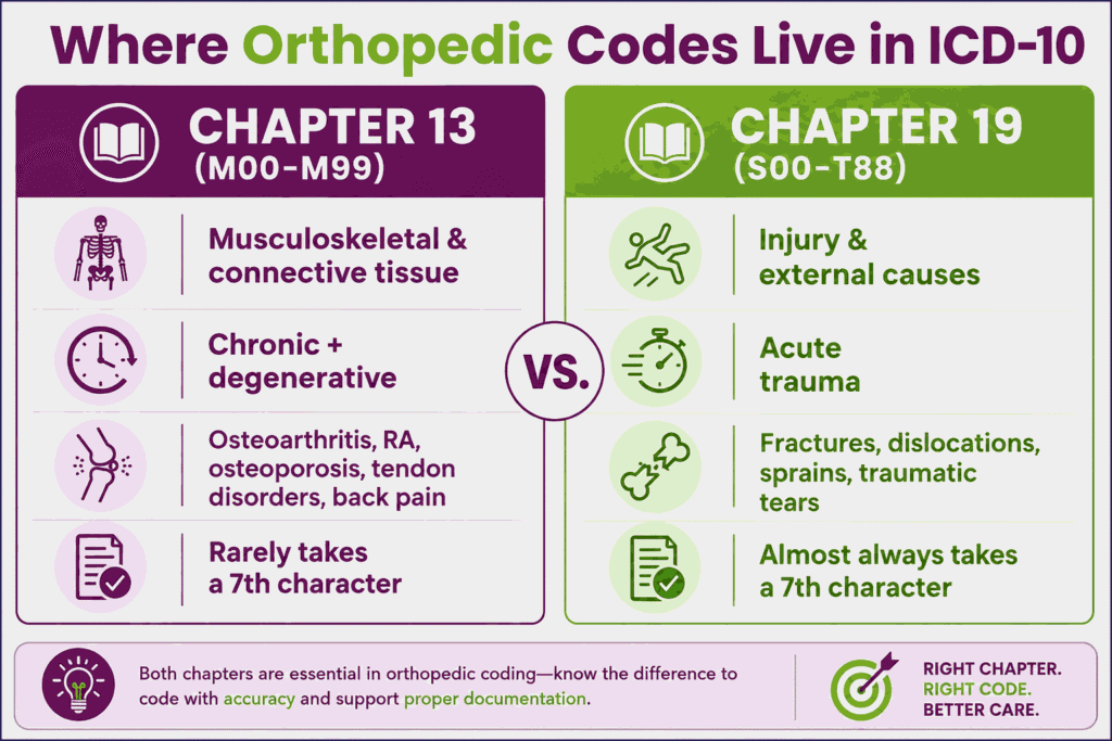 Orthopedic codes live in ICD 10 chapter 13 and the chapter 19