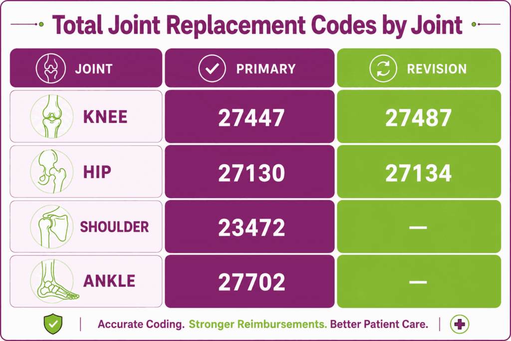 Joint replacement codes carry 90-day global periods and high RVUs. Each one needs the joint, the components, and the side documented