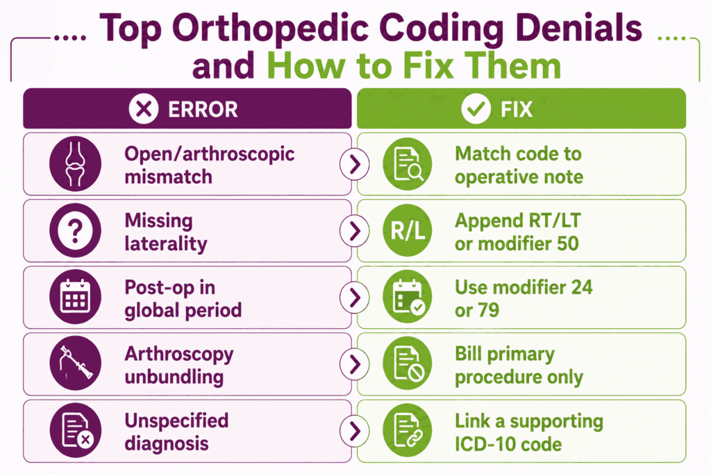 Orthopedic top coding denials and fixes.
