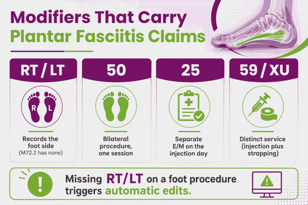 Modifiers that carry plantar fasciitis claims to RT/LT