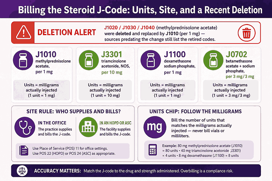 Billing the Steroid J-Code Units, Site, and a Recent Deletion