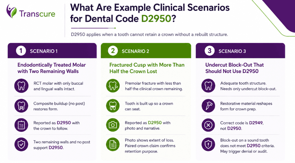 clinical scenarios example for dental code D2950