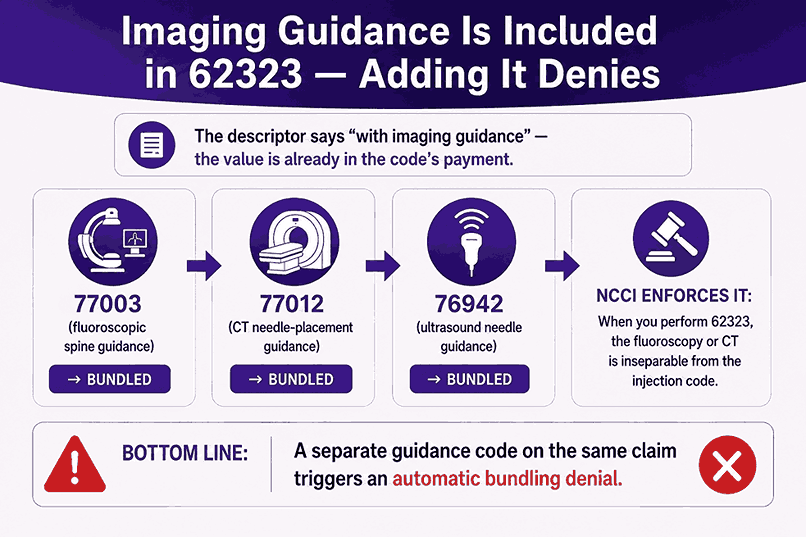 Imaging Guidance Is Included in 62323 — Adding It Denies