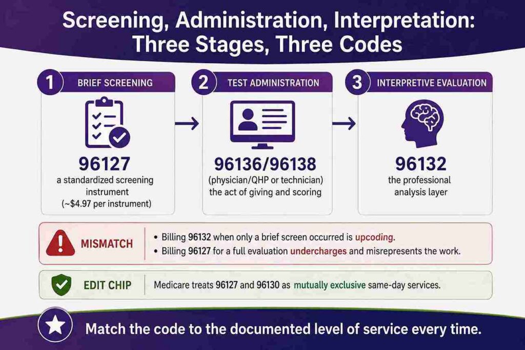 Screening, Administration, Interpretation three stages, Three Codes