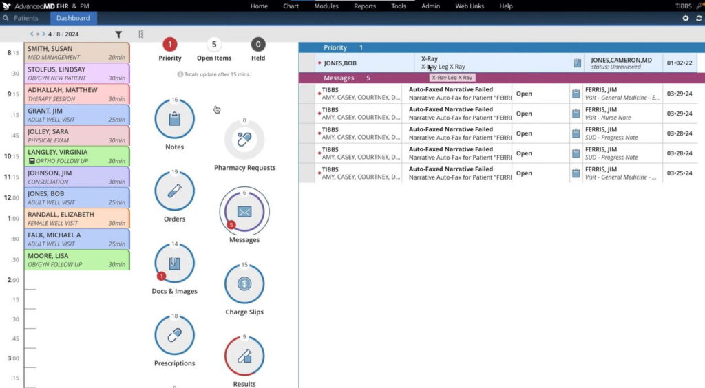 AdvancedMD Donut Dashboard with color-coded appointment schedule and task count donuts