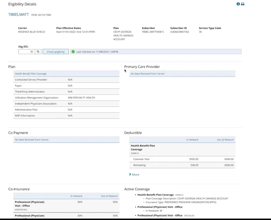 AdvancedMD Eligibility Details screen showing deductible remaining, co-insurance tiers, and active coverage from the payer response