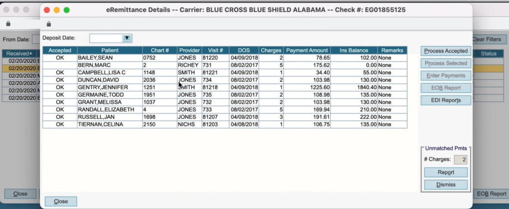 AdvancedMD eRemittance Details showing accepted ERA lines with payment amounts, insurance balances, and unmatched payments queue