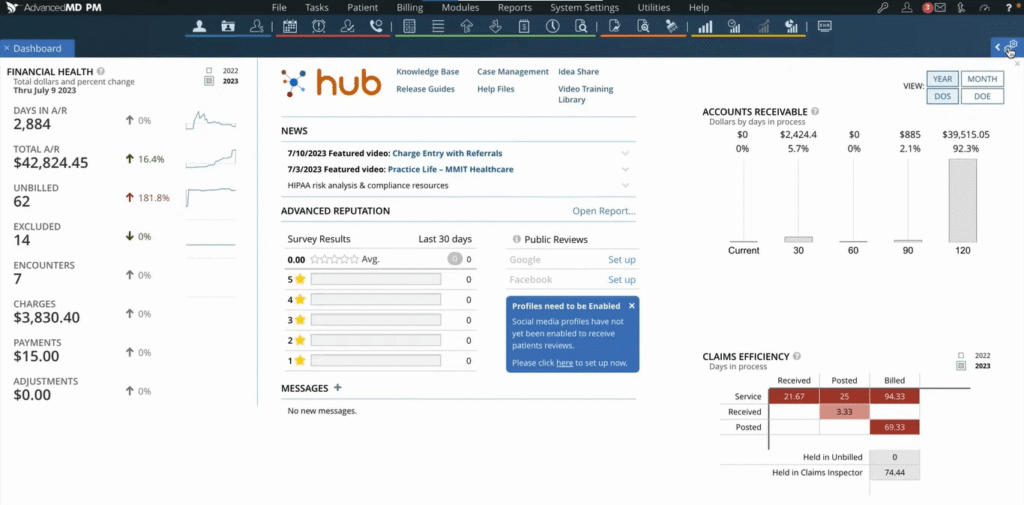 AdvancedMD PM dashboard showing Financial Health metrics, accounts receivable aging distribution, and claims efficiency days in process