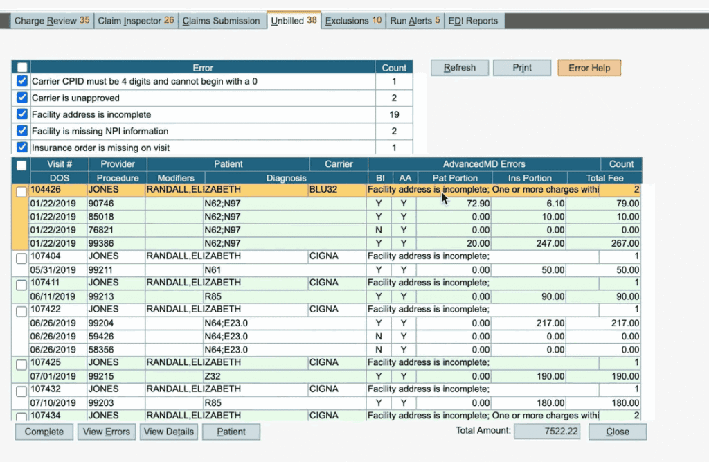 AdvancedMD Unbilled tab showing claims grouped by error type with counts for incomplete facility address and missing NPI