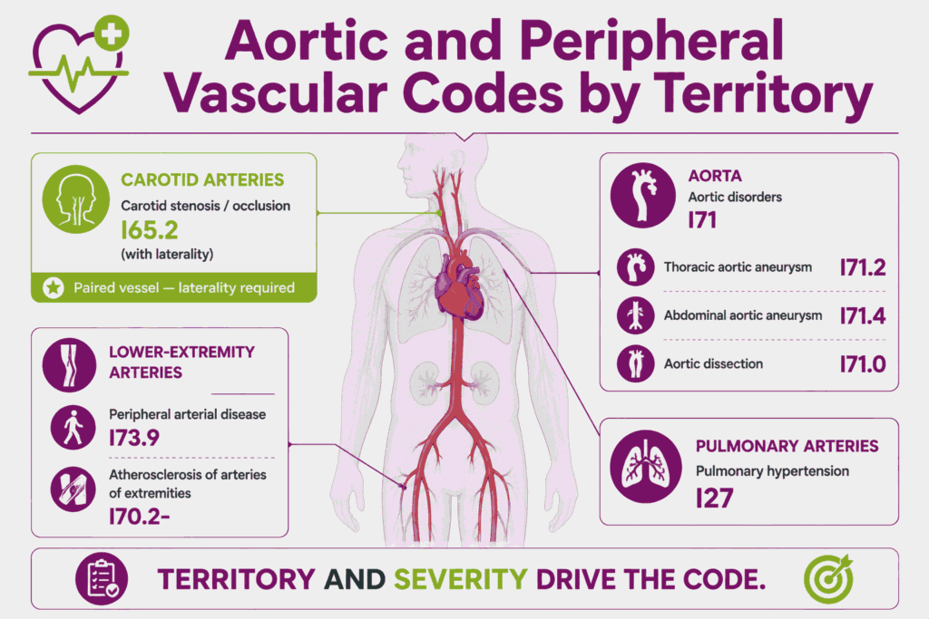 Arterial map tagging carotid, aortic, peripheral, and pulmonary vascular ICD-10 codes by body territory.