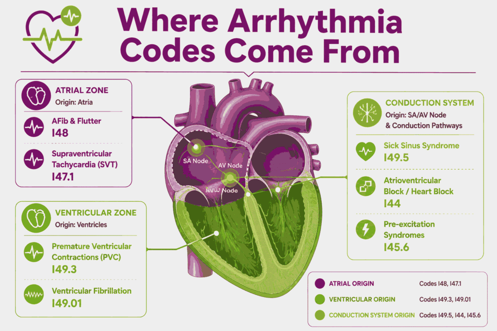 Heart schematic mapping cardiac arrhythmia ICD-10 codes to atrial, ventricular, and conduction-system origins.