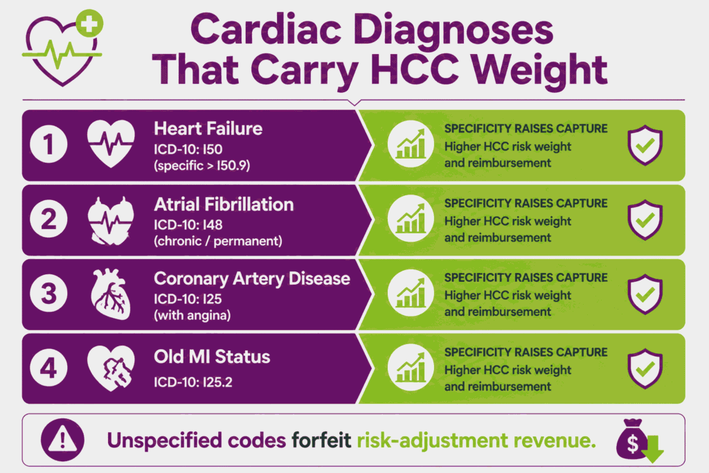 Ranked view of cardiac ICD-10 diagnoses carrying HCC risk-adjustment weight, showing capture gained from specific coding.