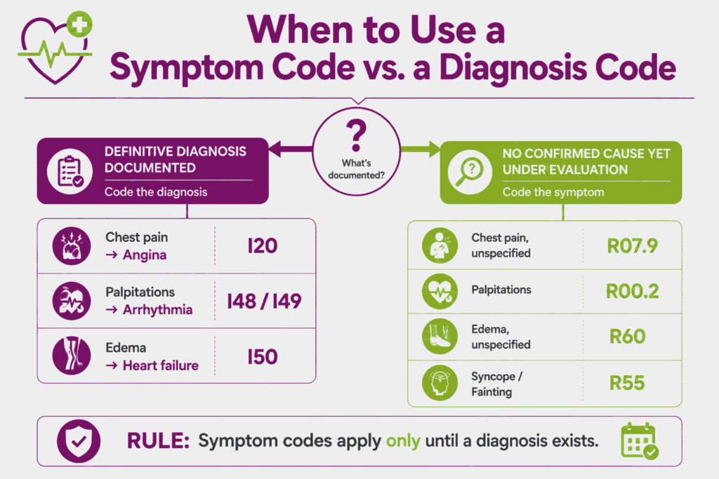 Decision splitter showing when to assign a cardiac symptom ICD-10 code versus a confirmed diagnosis code.