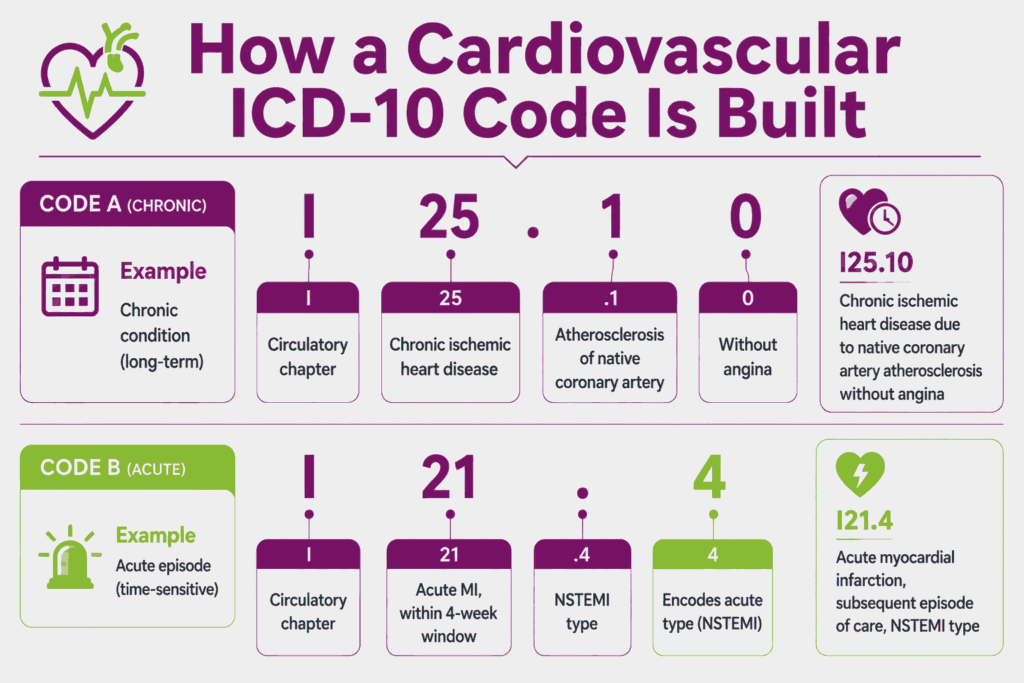 Diagram breaking down cardiovascular ICD-10 codes I25.10 and I21.4 by character position, showing type versus acuity.