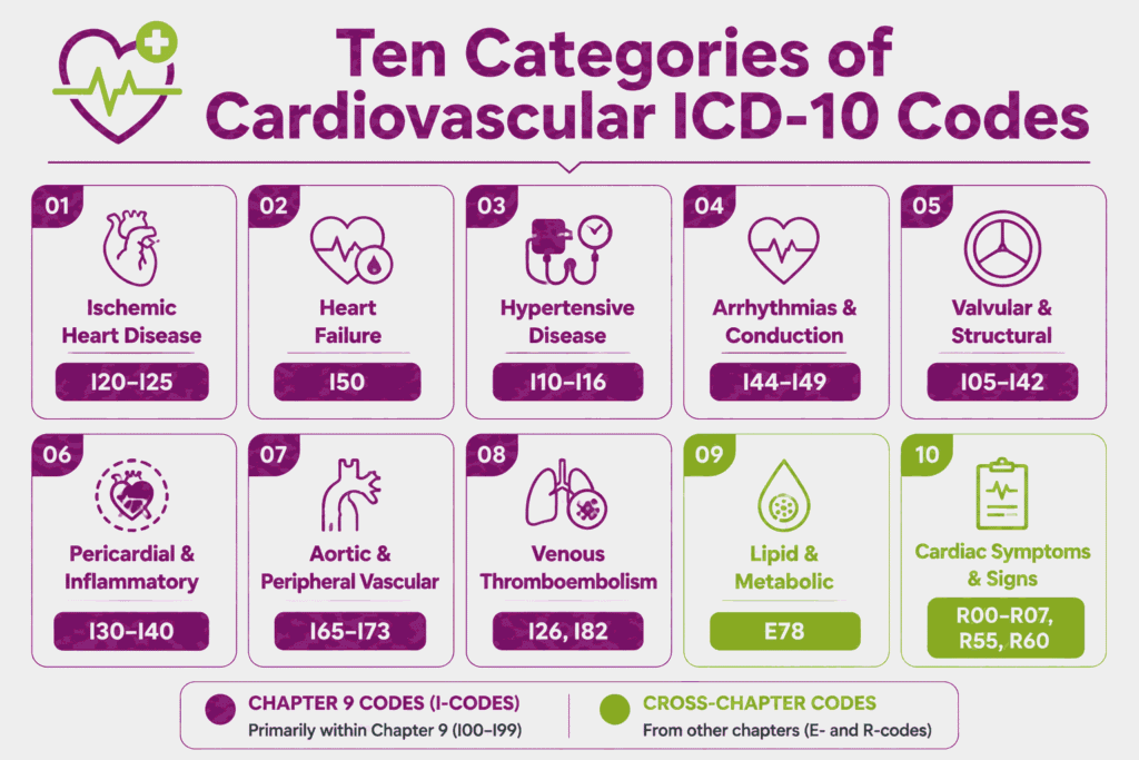 Grid of ten cardiovascular ICD-10 categories with code ranges, highlighting lipid and symptom codes outside Chapter 9.