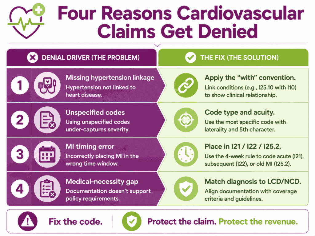 Panel pairing the four main cardiovascular claim denial drivers with their coding fixes.