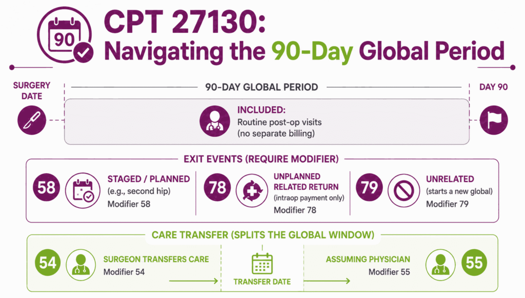 Timeline infographic of the CPT 27130 90-day global period showing modifier 58, 78, 79 exits and 54/55 split care billing