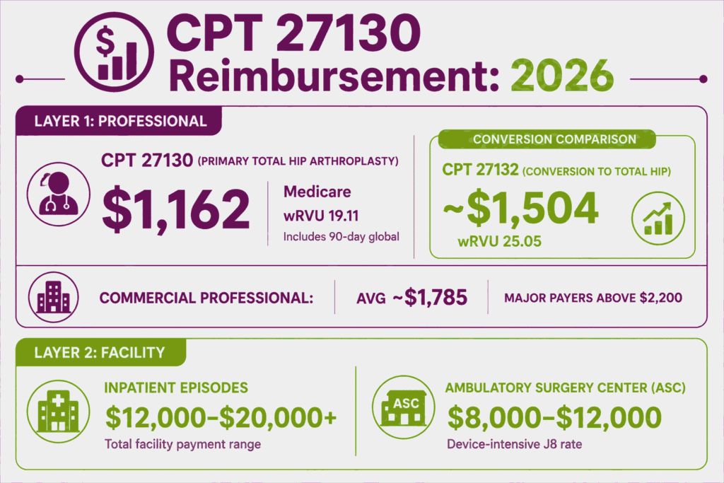 CPT 27130 cost infographic showing the 2026 Medicare professional fee, the higher conversion code payment, commercial averages, and facility ranges