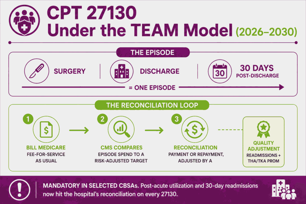 Timeline infographic of the mandatory TEAM episode model showing the 30-day episode window and CMS reconciliation for CPT 27130