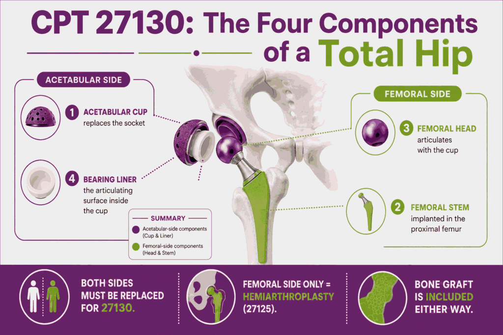 Schematic infographic labeling the acetabular cup, femoral stem, femoral head, and bearing liner of a total hip arthroplasty under CPT 27130