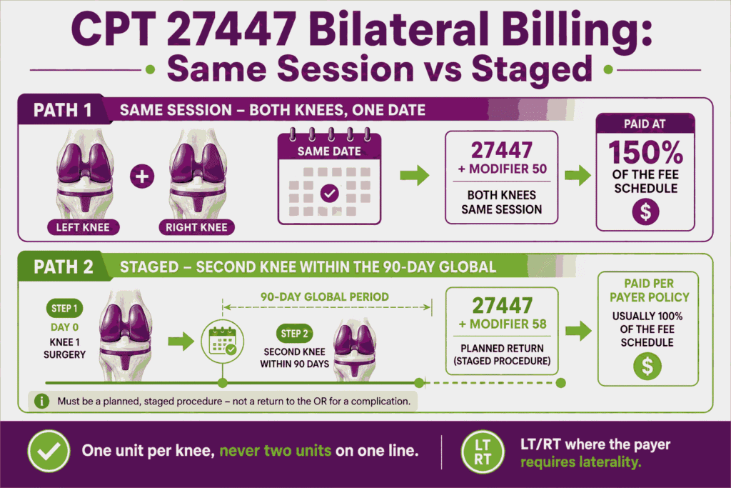 Infographic showing same-session bilateral TKA billed with modifier 50 at 150 percent versus staged bilateral billed with modifier 58