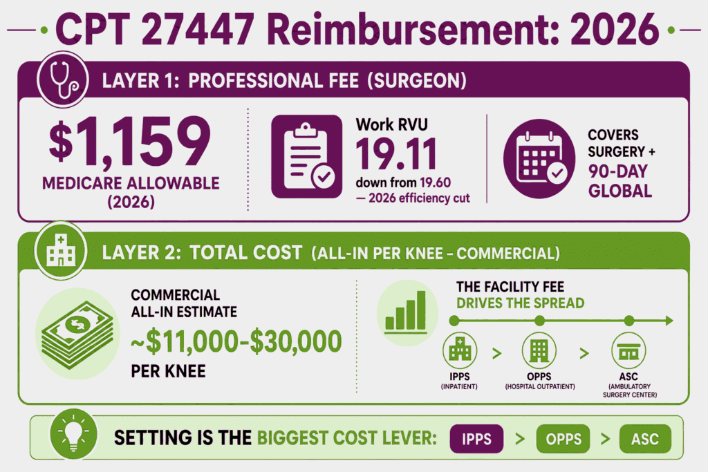 CPT 27447 cost infographic showing the 2026 Medicare professional fee against the commercial total range driven by facility setting