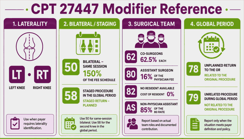 Reference infographic grouping CPT 27447 modifiers by laterality, bilateral staging, surgical team payment rates, and global period