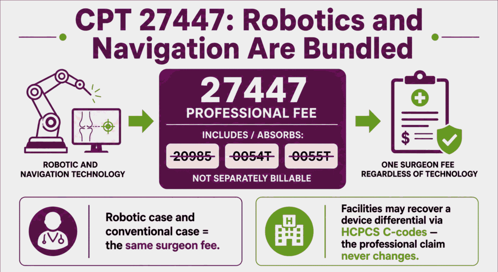 Infographic showing robotic and navigation codes 20985, 0054T, and 0055T bundled into CPT 27447 with no separate professional payment