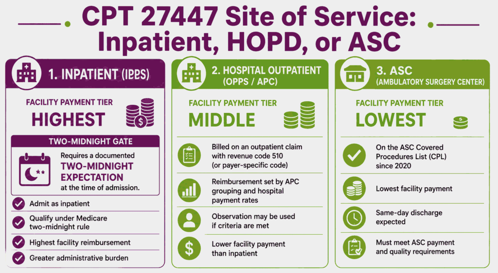 Infographic comparing inpatient, hospital outpatient, and ASC settings for CPT 27447 with the two-midnight rule gate