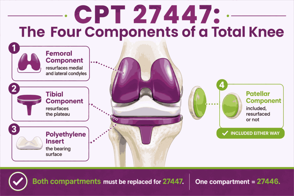 Schematic infographic labeling the femoral, tibial, polyethylene, and patellar components of a total knee arthroplasty under CPT 27447