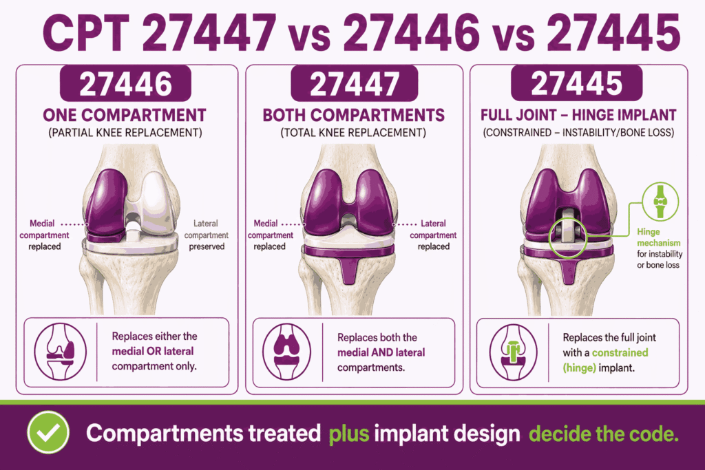 Comparison infographic showing single-compartment 27446, total knee 27447, and hinged prosthesis 27445 by extent of replacement