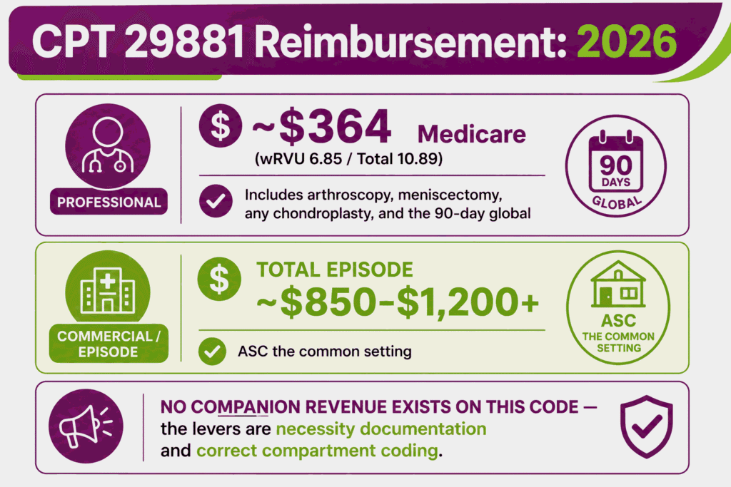CPT 29881 cost infographic showing the 2026 Medicare professional fee, episode range, and the absence of separately billable companion revenue