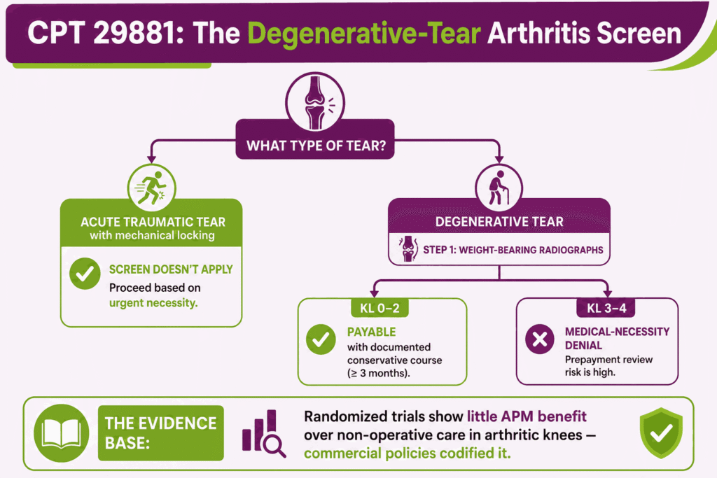 Decision infographic showing the Kellgren-Lawrence arthritis screen payers apply to degenerative meniscal tears before approving CPT 29881