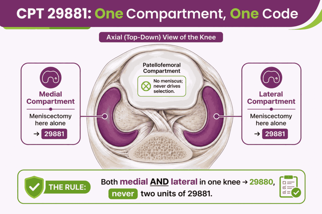 Compartment-map infographic showing CPT 29881 covers one meniscal compartment and bicompartmental meniscectomy routes to 29880