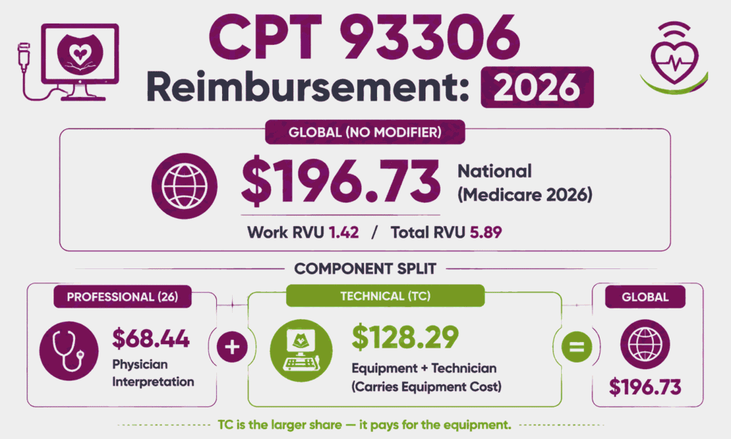 CPT 93306 cost infographic showing the 2026 global rate split into professional and larger technical components