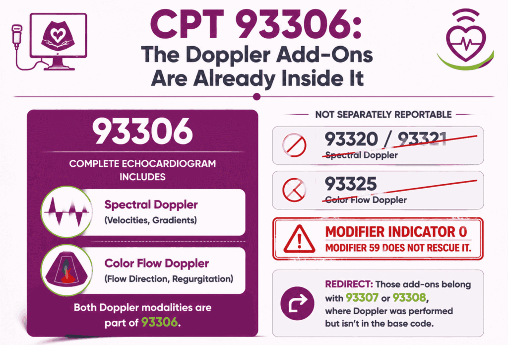 Infographic showing Doppler add-on codes 93320, 93321, and 93325 are bundled into CPT 93306 with a modifier indicator of 0 that blocks modifier 59