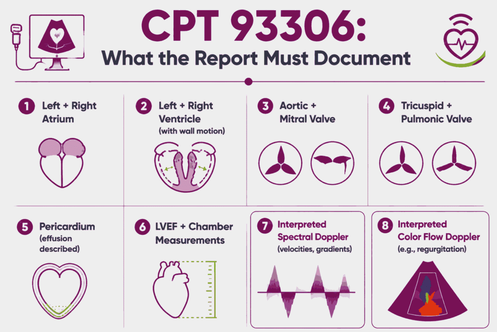Checklist infographic of the cardiac structures and interpreted Doppler findings a CPT 93306 report must document to survive audit