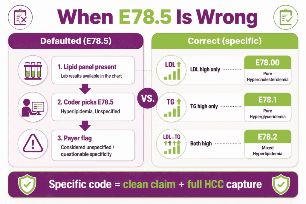 Comparison of defaulting to E78.5 versus assigning specific hyperlipidemia codes E78.00, E78.1, and E78.2