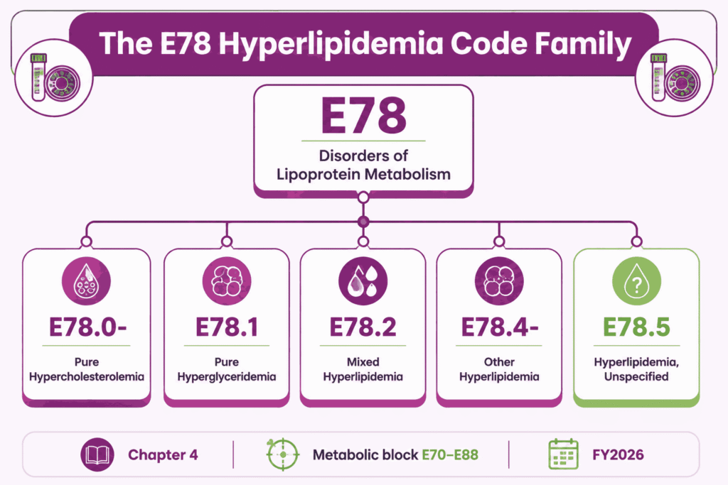 E78 hyperlipidemia ICD-10 code family tree showing pure, mixed, familial, and unspecified codes