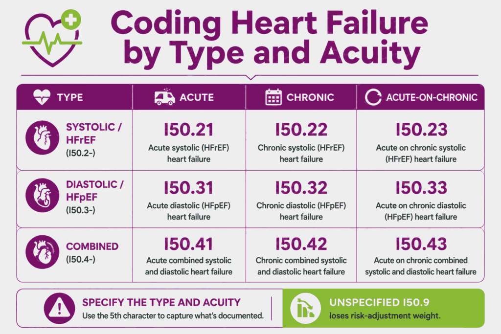 Matrix of heart failure ICD-10 codes by systolic, diastolic, and combined type across acute and chronic acuity.
