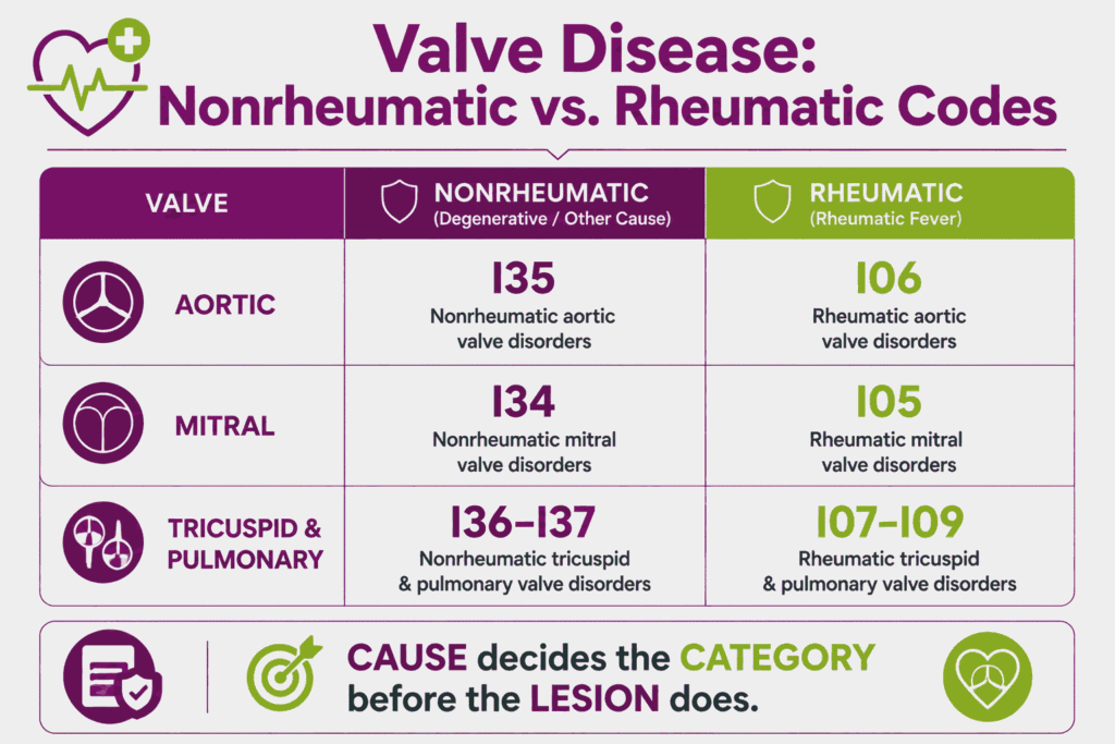 Comparison of nonrheumatic and rheumatic heart valve disease ICD-10 codes across the aortic, mitral, tricuspid, and pulmonary valves.