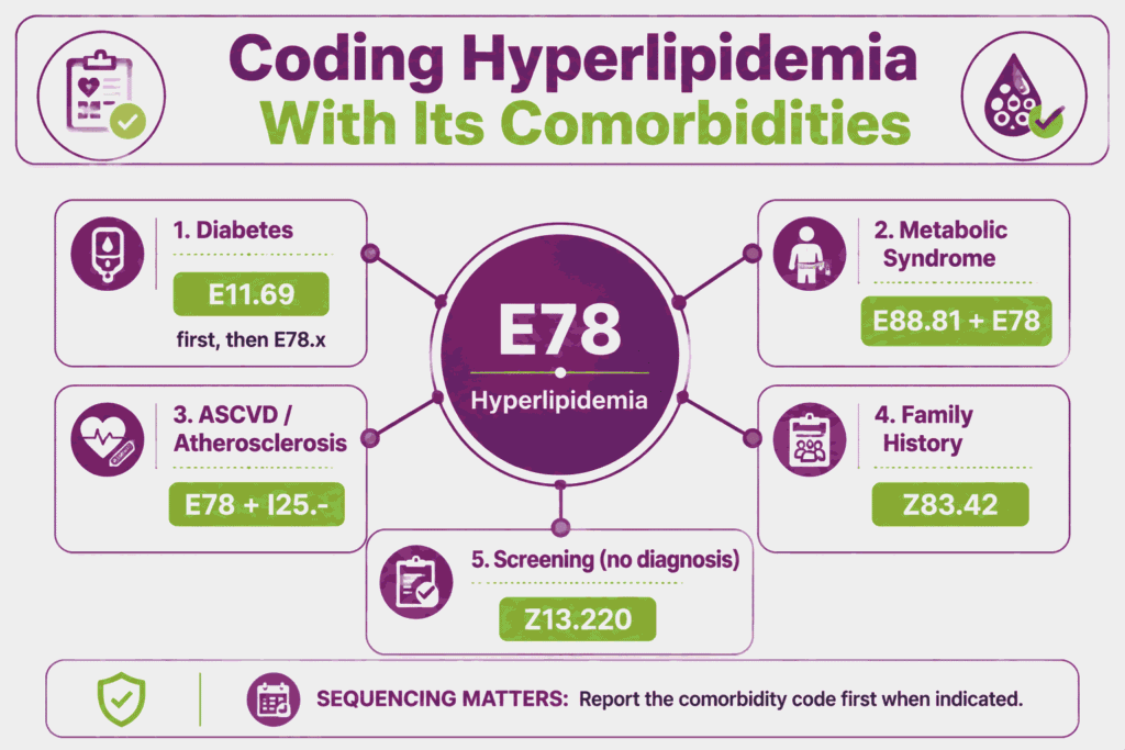 Hyperlipidemia comorbidity coding map linking E78 to diabetes E11.69, metabolic syndrome E88.81, ASCVD, and screening codes