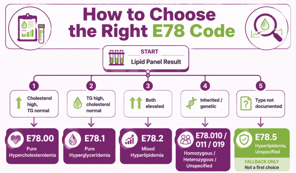 Decision path for choosing the correct hyperlipidemia ICD-10 code from lipid panel results