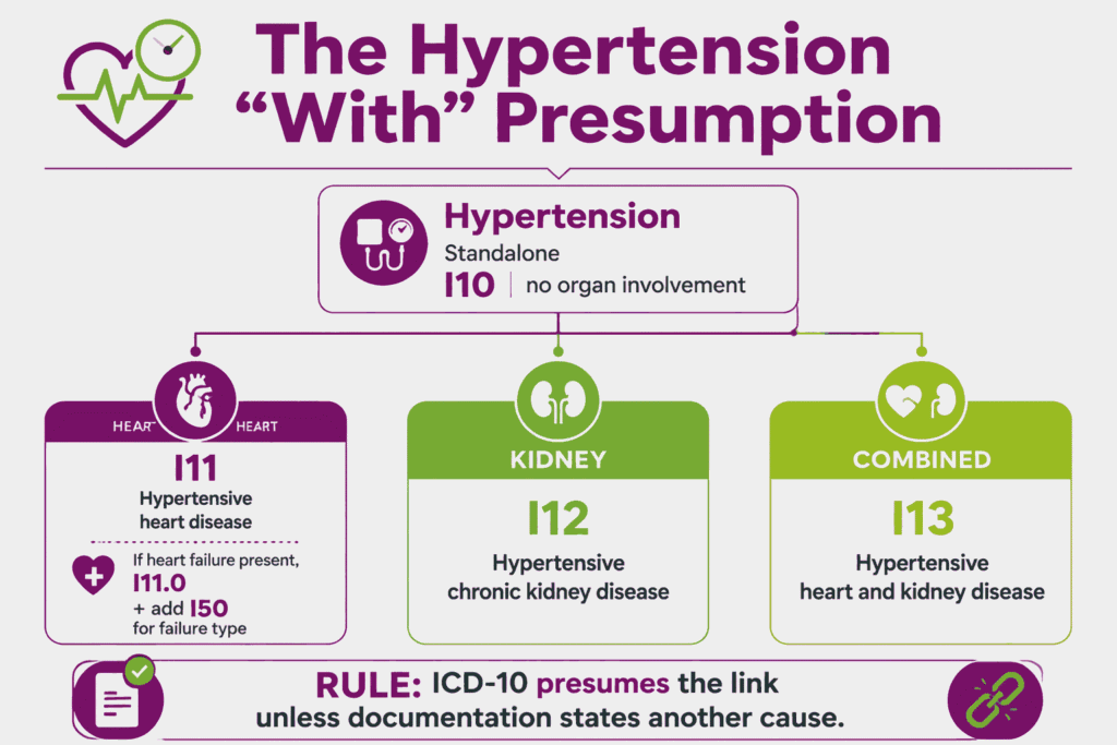 Decision tree showing hypertension ICD-10 combination coding across I10, I11, I12, and I13 by organ involvement.