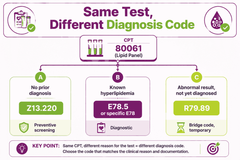CPT 80061 lipid panel pairing with Z13.220 screening, E78 diagnostic, or R79.89 bridge code