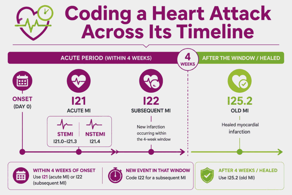 Timeline showing myocardial infarction ICD-10 coding from acute I21 and I22 within four weeks to old MI I25.2.